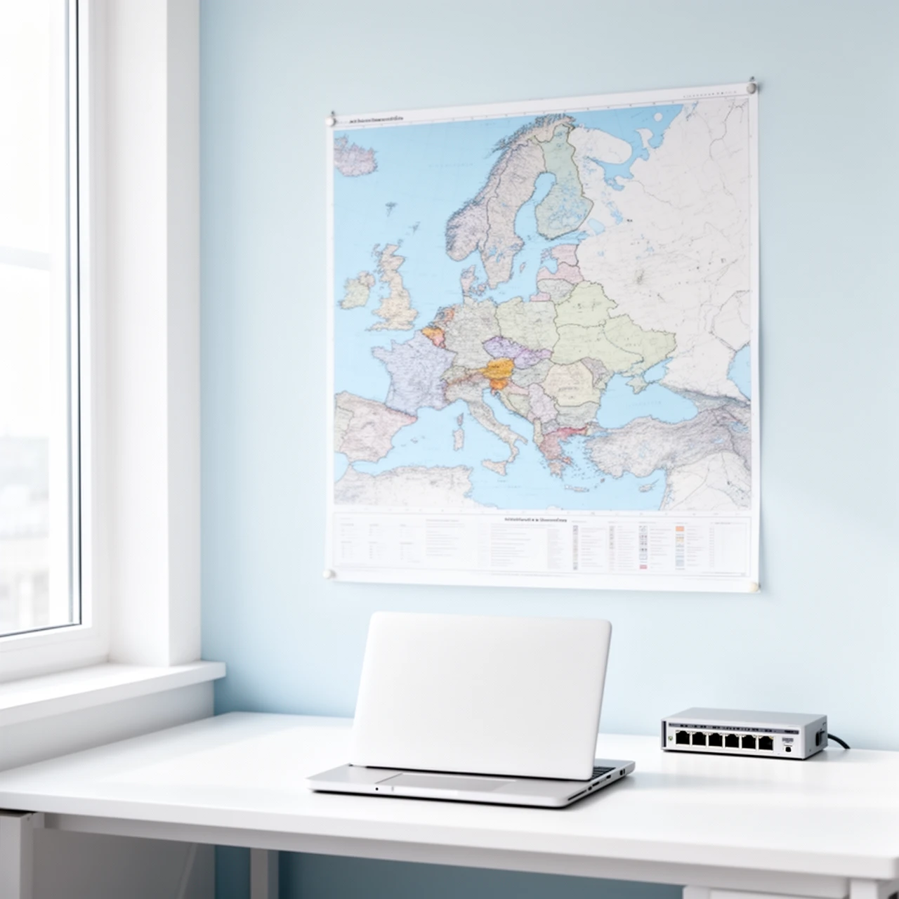 Escritorio con un portátil cerrado y un conmutador de red frente a un mapa de Europa en la pared
