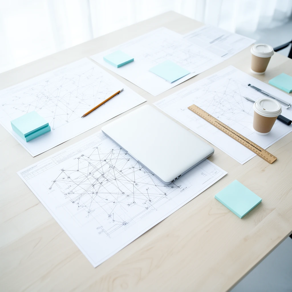 Vista cenital de una mesa con diagramas de red impresos, notas adhesivas, un lápiz, una regla y tazas de café