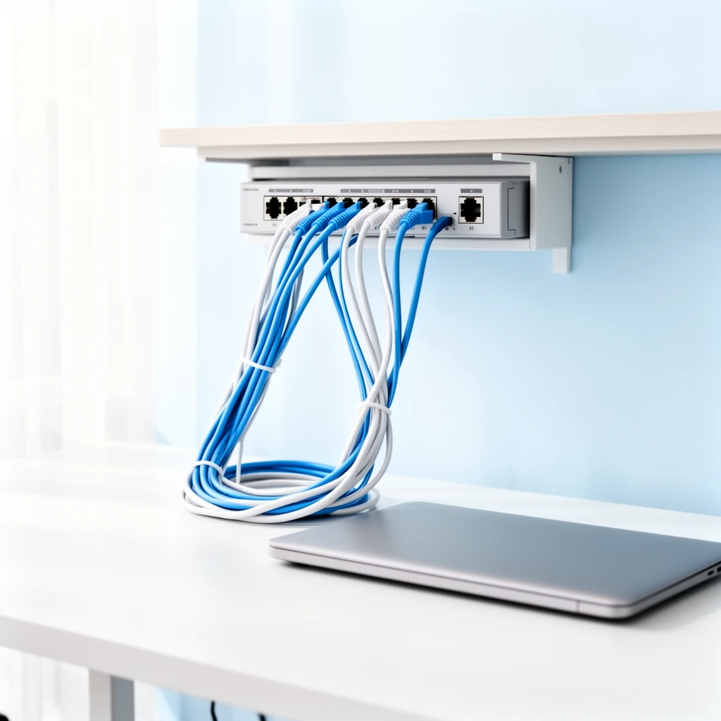 Conmutador de red con cables Ethernet azules y blancos montado bajo una estantería sobre un portátil cerrado